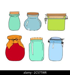 Colorful hand drawn jar set. Contour sketch. Cartoon kitchen objects doodle style. Vector illustration isolated on white background. Stock Vector