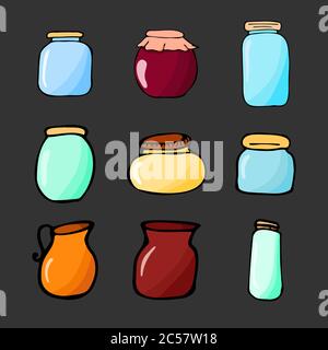 Colorful hand drawn jar set. Contour sketch. Cartoon kitchen objects doodle style. Vector illustration isolated on dark background. Stock Vector