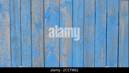 Texture of shabby old blue wooden boards with cracks as a background. Banner Stock Photo