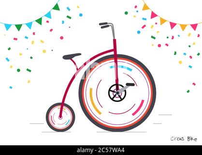 Banner merry circus. circus bike. Colored flags and confetti on a white background.Vector illustration in modern flat style. Stock Vector