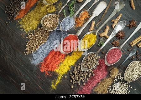 Spices on spoons with diagonal composition Stock Photo
