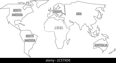 Simplified black outline of world map divided to six continents with labels. Simple flat vector illustration on white background. Stock Vector
