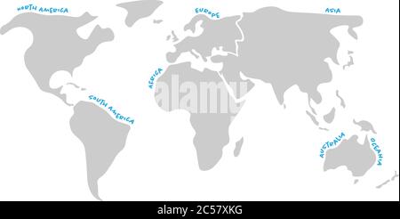 World map divided to six continents in dark grey - North America, South America, Africa, Europe, Asia and Australia Oceania. Simplified silhouette vector map with continent name labels curved by borders. Stock Vector