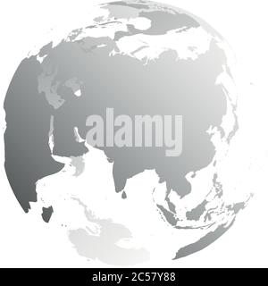 3D planet Earth globe. Transparent sphere with grey land silhouettes. Focused on Asia. Stock Vector