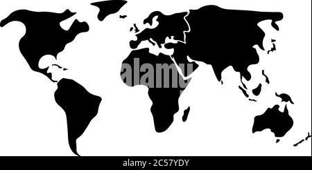 World map divided to six continents in black - North America, South America, Africa, Europe, Asia and Australia Oceania. Simplified silhouette blank vector map without labels. Stock Vector