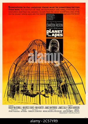Planet of the Apes (1968) directed by Franklin J. Schaffner and starring Charlton Heston, Roddy McDowall, Kim Hunter and Maurice Evans. Classic sci-fi with possibly the most memorable ending ever about an upside down world where the apes are on top. Stock Photo
