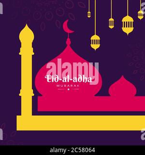 Eid Al Adha mubarak greeting wish poster, card with lantern and mosque, vector illustration Stock Vector