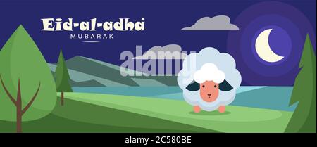 Eid al adha, Eid Qurban mubarak, goat and ladscape illustration greeting wish poster, card, vector illustration Stock Vector