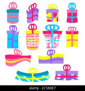 Gift or presents boxes isolated on white. Colorful and wrapped gift box icons. Sale or shopping concept. Collection for Birthday, Christmas, New year Stock Vector
