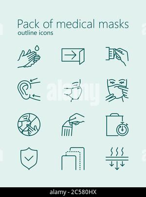 Pack of medical masks outline iconset. Icons for web, mobile app, presentation and other. Was created with grids for pixel perfect. Stock Vector