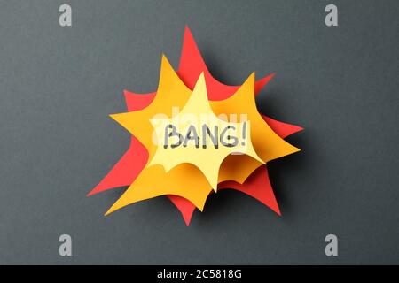 Decorative text Bang on black background. Explosion, shot Stock Photo