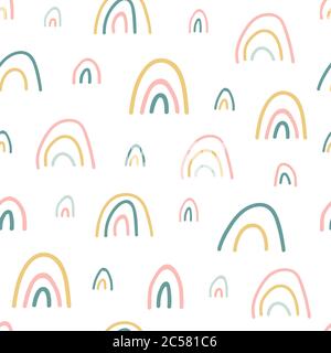 Rainbow seamless pattern. Unique hand drawn rainbow texture. Cute kids nursery background in pastel colors. Baby shower. Lovely cartoon. Vector Stock Vector