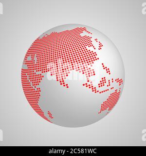 Vector planet Earth globe with red squared map of continent Asia. 3D illustration with shadow and gradient background. Stock Vector