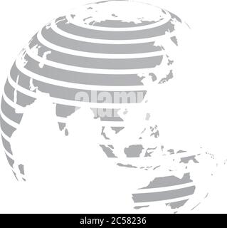 Earth globe with grey striped World land map focused on Asia. 3D vector illustration. Stock Vector