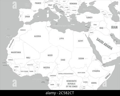 Northern Africa map - white lands and grey water. High detailed political map of northern african rgion with country, capital, ocean and sea names labeling. Stock Vector