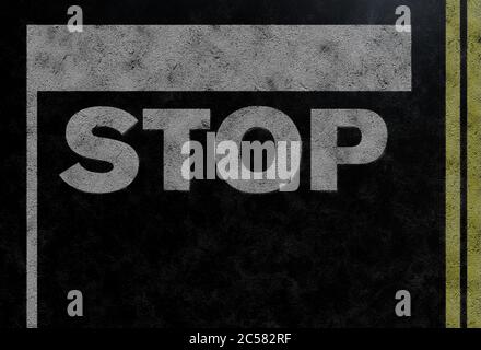 above view of word STOP and stop bar on asphalt road Stock Photo