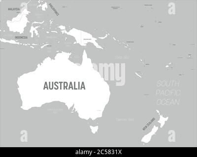 Australia and Oceania map - white lands and grey water. High detailed political map of australian and pacific region with country, capital, ocean and sea names labeling. Stock Vector