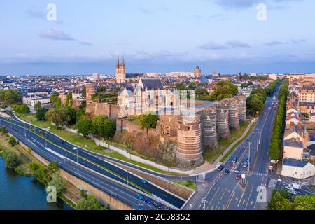 France, Maine et Loire, Angers, the Chateau d'Angers and the Maine River (aerial view) // France, Maine-et-Loire (49), Angers, château d'Angers ou châ Stock Photo