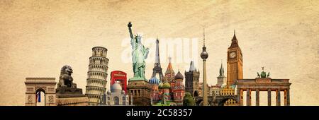 World landmarks and famous monuments collage isolated on panoramic vintage textured background Stock Photo