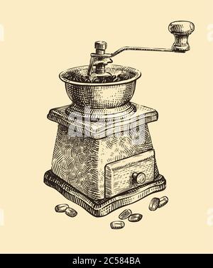 Hand-drawn retro coffee grinder. Vintage sketch vector illustration Stock Vector