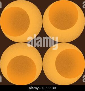 Retro coloured scheme seamless 1960s or 70s style geometric pattern of orange and yellow circles with stippled shading, on a rich brown background. EP Stock Vector