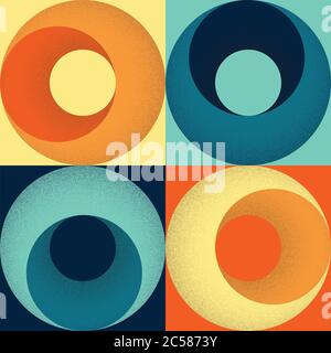 Seamless 1960s or 70s style geometric pattern of squares and circles with stippled shading. Retro colour scheme of yellow, orange, turquoise and navy Stock Vector