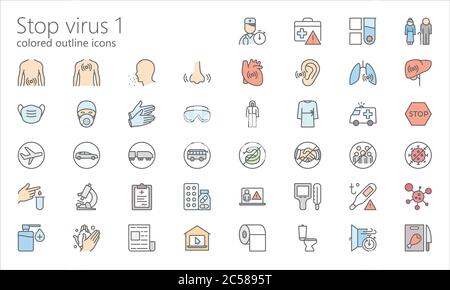 Virology medical outline icon set Stock Vector