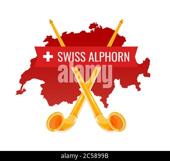 Alphorn seal badge for placard to Swiss Alpenhorn Festival in Switzerland or Website of Ethnic Swiss Folklore Music. Stock Vector