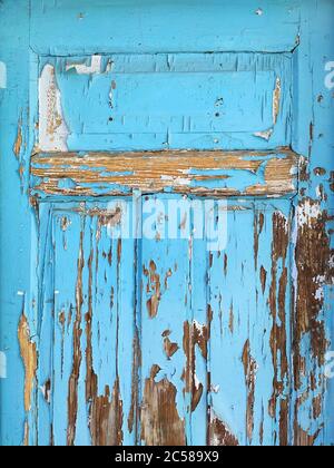 Very old wooden painted blue rustic background with cracked paint Stock Photo