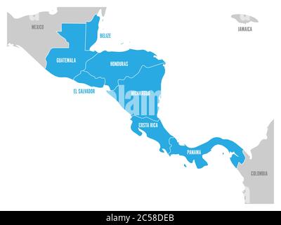 Map of Central America region with blue highlighted central american states. Country name labels. Simple flat vector illustration. Stock Vector