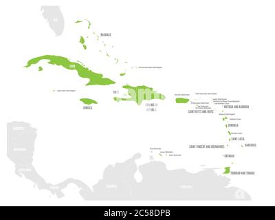 Political map of Carribean. Green highlighted states and dependent territories. Simple flat vector illustration. Stock Vector