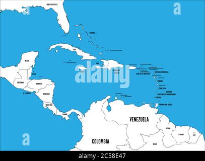 Central America and Caribbean states political map. Black outline borders with black country names labels on blue background. Simple flat vector illustration. Stock Vector