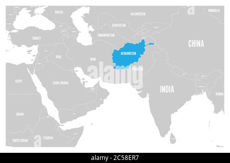 Afghanistan blue marked in political map of South Asia and Middle East. Simple flat vector map.. Stock Vector