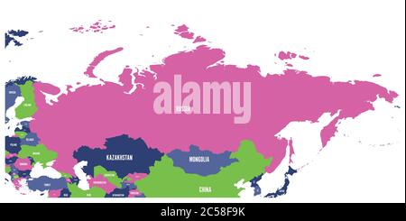 Political map of Russia and surrounding European and Asian countries. Four shades of green map with white labels on white background. Vector illustration. Stock Vector