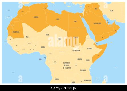 Arab World states political map with orange higlighted 22 arabic-speaking countries of the Arab League. Northern Africa and Middle East region. Vector map with blue water and yellow lands. Stock Vector