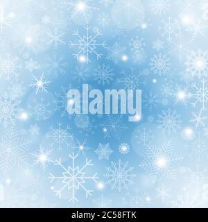 Winter blue background with snowflakes. Bright Christmas frame with snowflakes, sparkles and stars. Winter holiday template. New year design. Vector Stock Vector