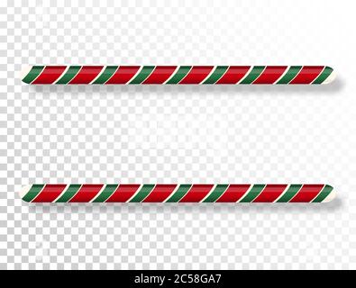 Candy cane border isolated on transparent background. Christmas frame. Bright red and green twisted candy. Winter holiday design element. Vector Stock Vector