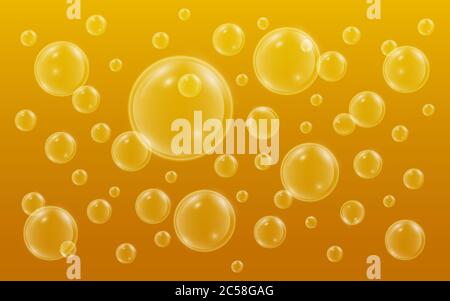 Realistic bubbles with reflection on yellow background. Beer bubbles background. Fizzing air in glass. Vector illustration. Stock Vector