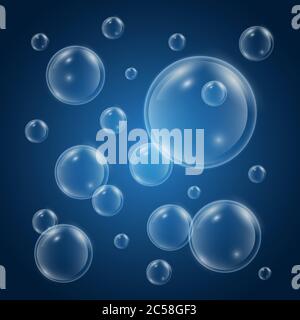 Water bubbles with reflection on blue background. Realistic underwater bubbles. 3d bubble. Fizzing air bubbles. Vector illustration. Stock Vector