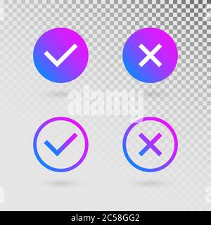 Check marks set in modern gradient colors. Bright tick and cross in circle shapes. Concept of checklist, reject or accept symbol. Vector illustration. Stock Vector
