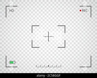 Camera frame. Digital camera display interface. Viewfinder screen on transparent background. Photo frame. Recording video screen. Vector illustration. Stock Vector