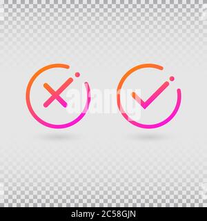 Check marks set in modern gradient colors. Bright tick and cross in circle shapes. Concept of checklist, reject or accept symbol. Vector illustration Stock Vector