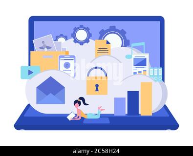 Cloud storage security. Data storage security concept. Data processing. Computer device. Vector illustration. Stock Vector