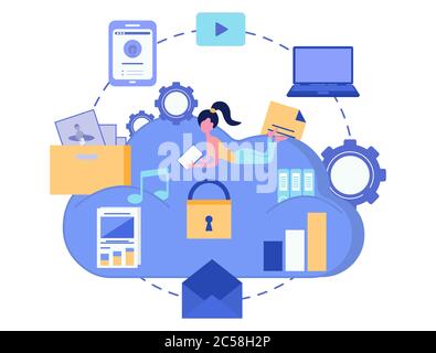 Cloud storage. Data security concept. Cloud computing. Computer device Vector illustration. Stock Vector