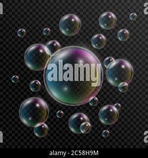 Realistic soap bubbles. Set of soap bubbles with rainbow reflection on transparent background. 3d bubble. Vector illustration. Stock Vector