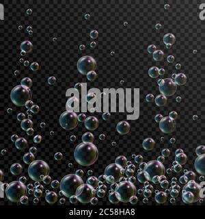 Realistic soap bubbles with rainbow reflection on transparent background. Soap foam, shampoo bubbles in bath or shower. 3d bubble. Vector illustration Stock Vector