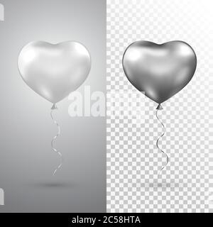 Heart silver balloons set on transparent background. Helium glossy balloon. Realistic foil baloon for party, Christmas, Birthday day. Vector Stock Vector