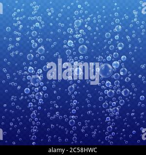 Underwater bubbles on blue transparent background. Realistic fizzing air bubbles. Effervescent drink. Vector illustration. Stock Vector