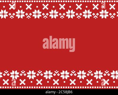 Christmas border with traditional geometric ornament on red background. Merry Christmas wrapping paper. Fair isle style pattern. Happy New Year.Vector Stock Vector
