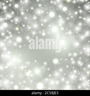 Silver winter abstract background. Shine background with glowing stars, lights, sparkles, snowflakes and place for text. Christmas concept. Vector Stock Vector